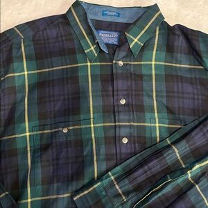 Pendleton Green Blue Black Plaid Button Down Mens Shirt Size XL Vintage